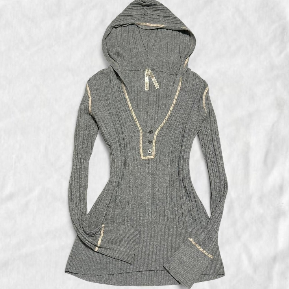Grey henley ribbed sweater hoodie with button detail medium